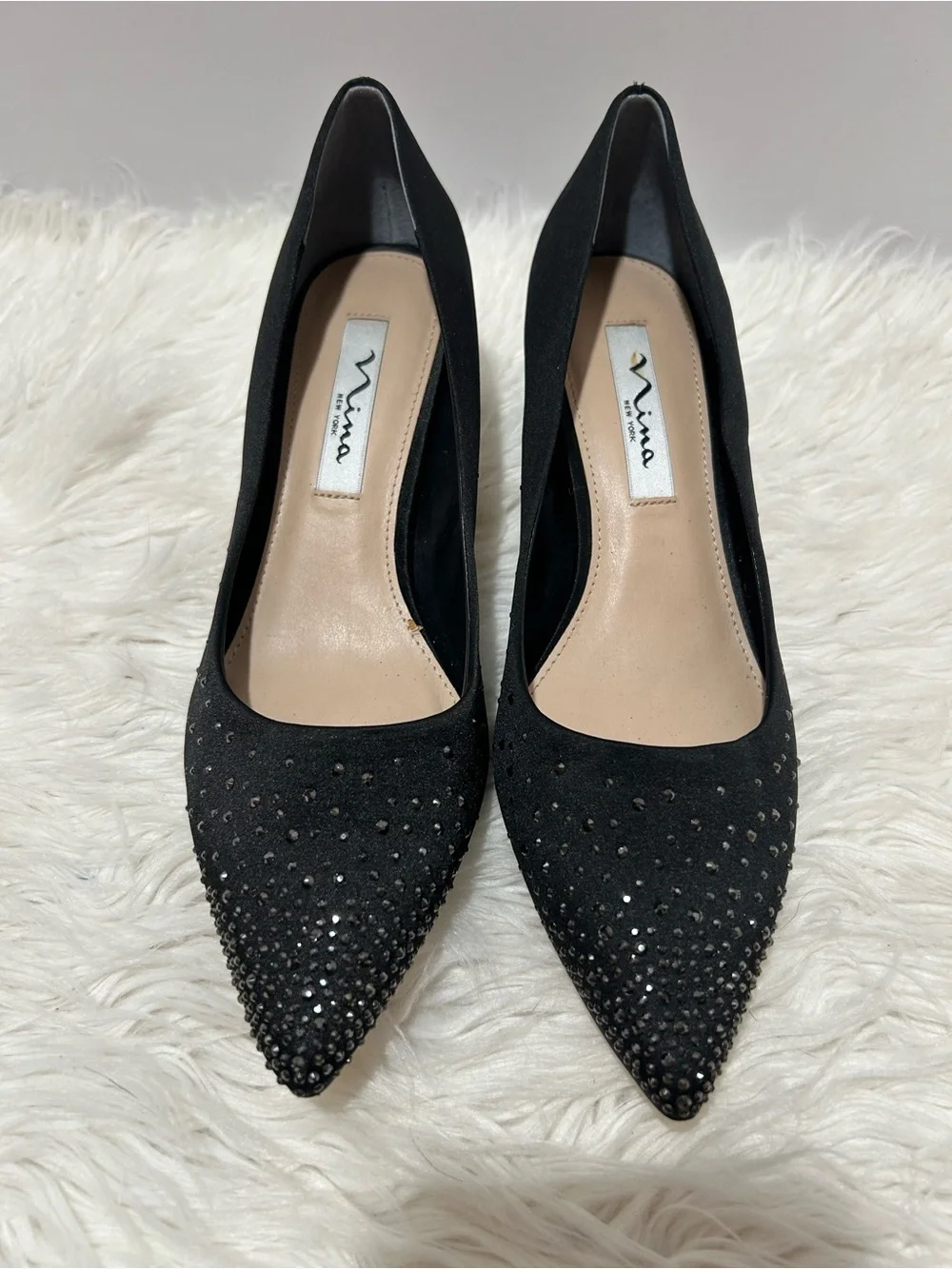 Nina Black Pointed-Toe Crystal-Stud Kitten Heels 7.5